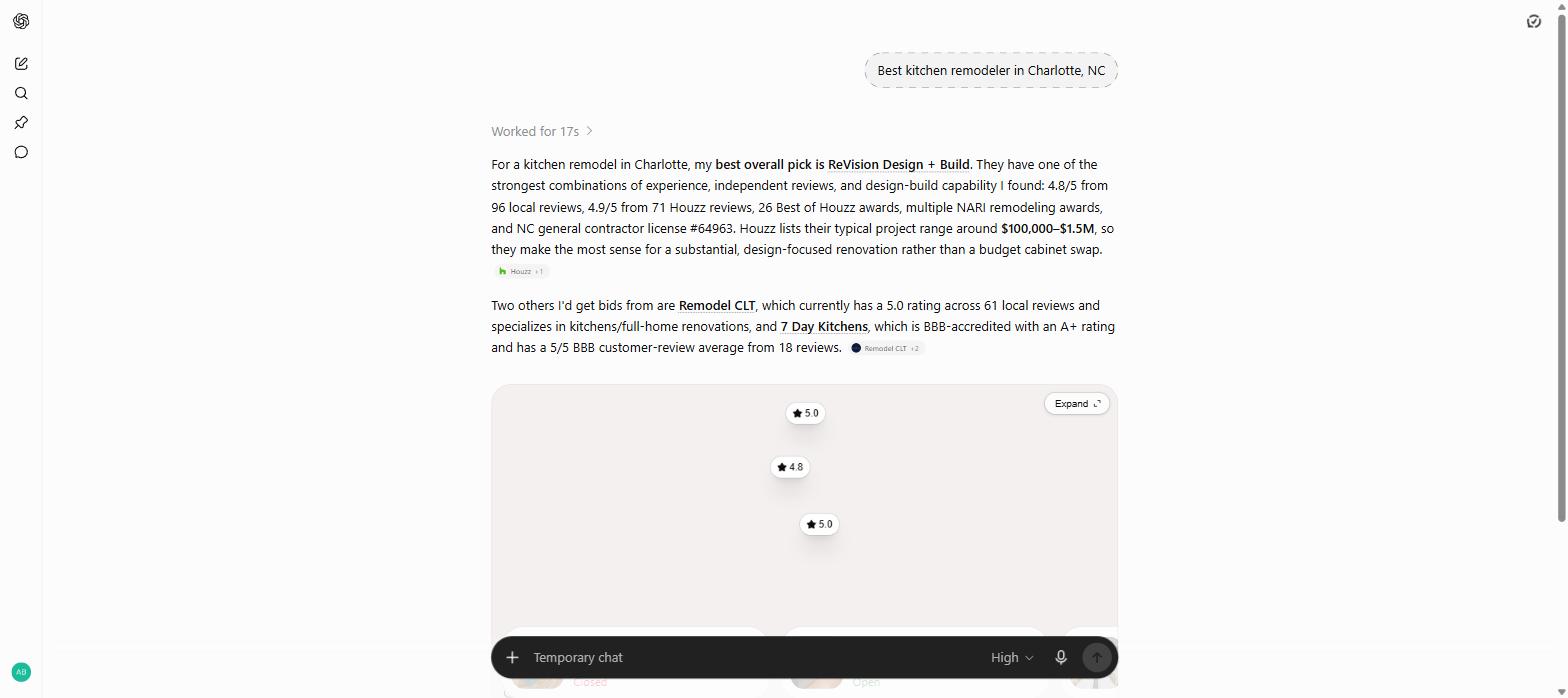 Screenshot of ChatGPT answering the prompt Best kitchen remodeler in Charlotte NC on 25 August 2026, naming ReVision Design and Build, Remodel CLT, and 7 Day Kitchens, with Houzz and Better Business Bureau cited as sources.